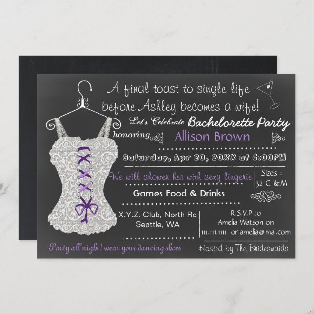 Invitation Chalkboard Lace Lingerie Douche Bachelorette (Devant / Derrière)
