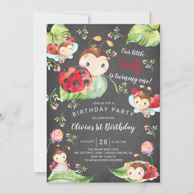 Invitation Chalkboard Little Lady Ladybug 1er anniversaire (Devant)