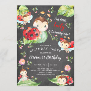 Invitation Chalkboard Little Lady Ladybug 1er anniversaire