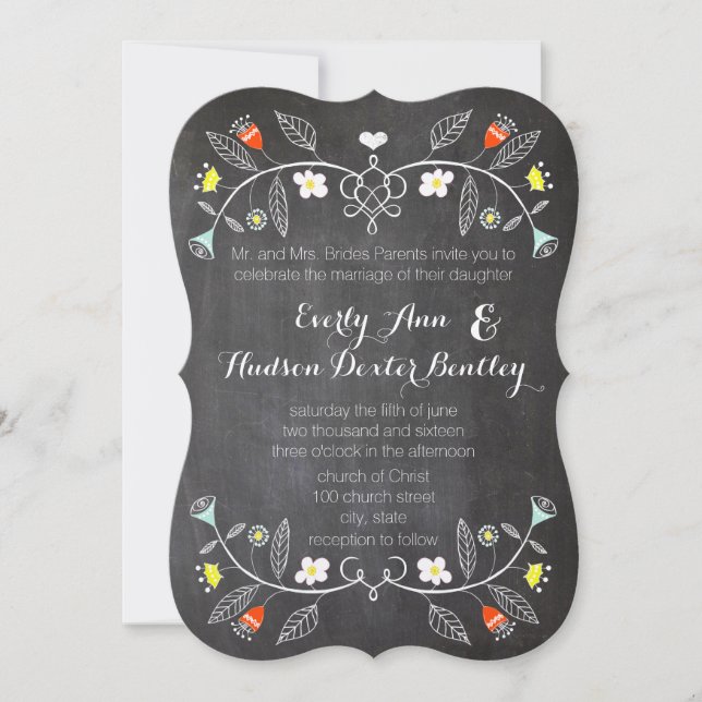 Invitation Chalkboard Mint Orange Floral Garland Mariage (Devant)
