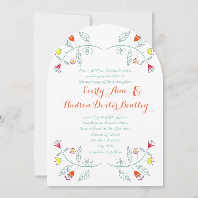 Invitation Chalkboard Mint Orange Rouge Floral Garland Mariag (Devant)