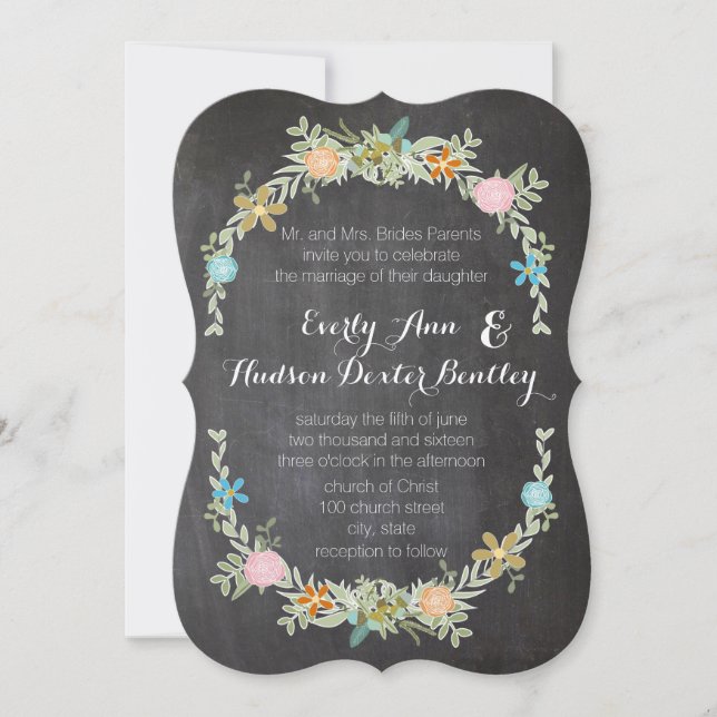 Invitation Chalkboard Mint rose Aqua Floral Garland Mariage (Devant)