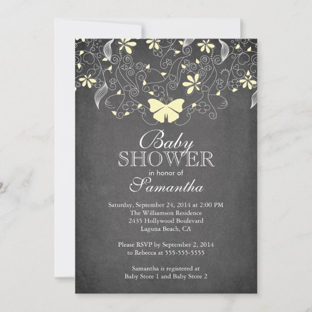 Invitation Chalkboard Papillon jaune Baby shower neutre (Devant)
