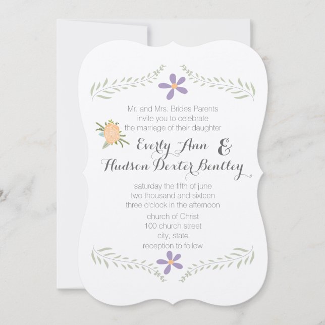 Invitation Chalkboard Peach Lilac Aqua Floral Garland Mariage (Devant)