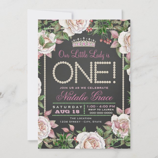 Invitation Chalkboard Pearl Petite-Dame 1er anniversaire (Devant)