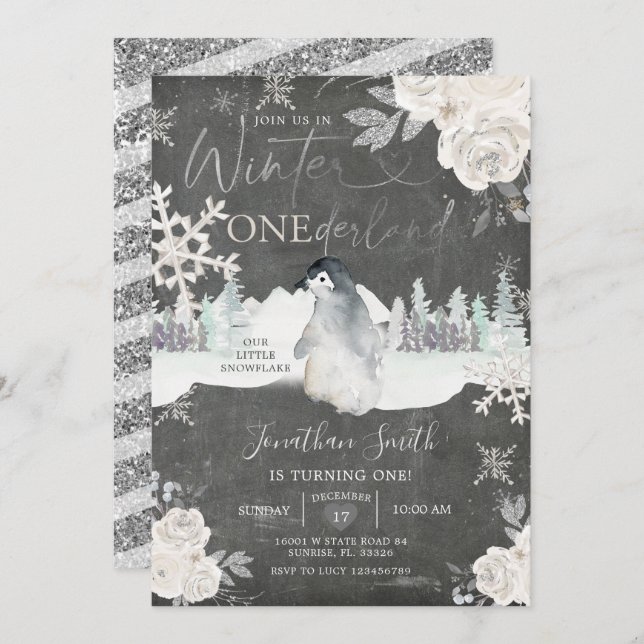 Invitation Chalkboard Penguin Winter Onederland 1er anniversa (Devant / Derrière)