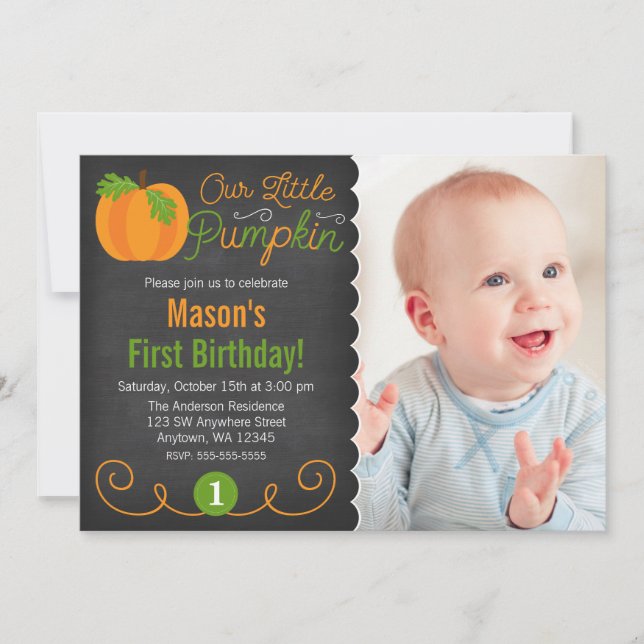 Invitation Chalkboard Petit Citrouille Vert Orange Anniversai (Devant)