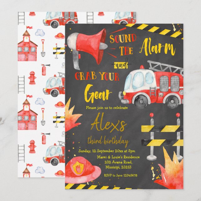 Invitation Chalkboard Petit pompier Garçon Anniversaire (Devant / Derrière)