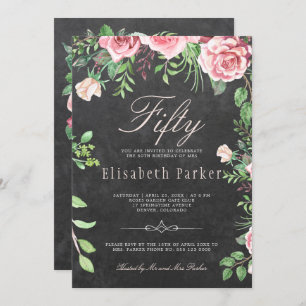 Invitation Chalkboard Pink Floral Garden 50e fête d'anniversa