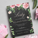 Invitation Chalkboard Pink Floral Garden 60e fête d'anniversa<br><div class="desc">Soirée féministe rustique et élégante de soixante ans avec des roses de pivoines peints à la main rose et rouge bordeaux avec des feuilles verts et du feuillage et avec un script de calligraphie chic et à la main élégante sur un arrière - plan de tableau noir de charbon gris...</div>