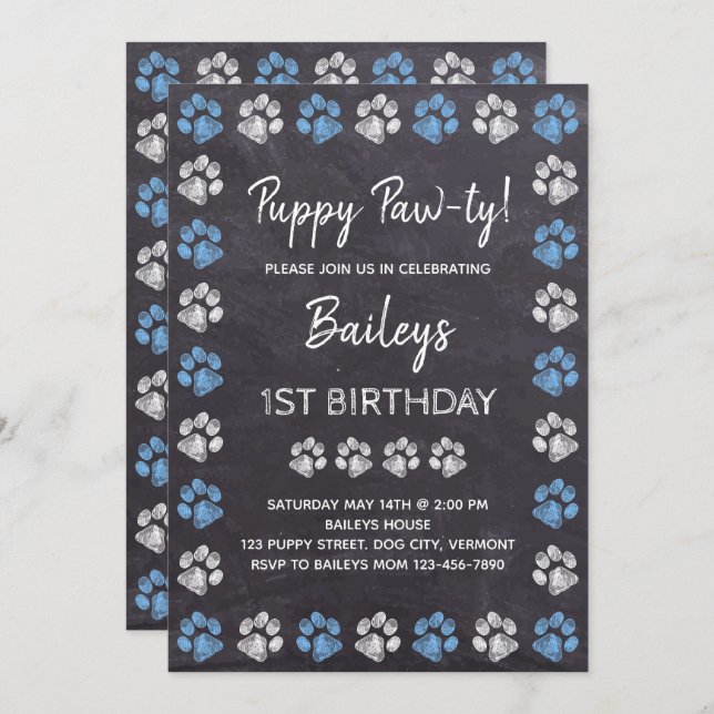Invitation Chalkboard Puppy Pawty Blue Chien Anniversaire (Devant / Derrière)