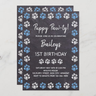 Invitation Chalkboard Puppy Pawty Blue Chien Anniversaire