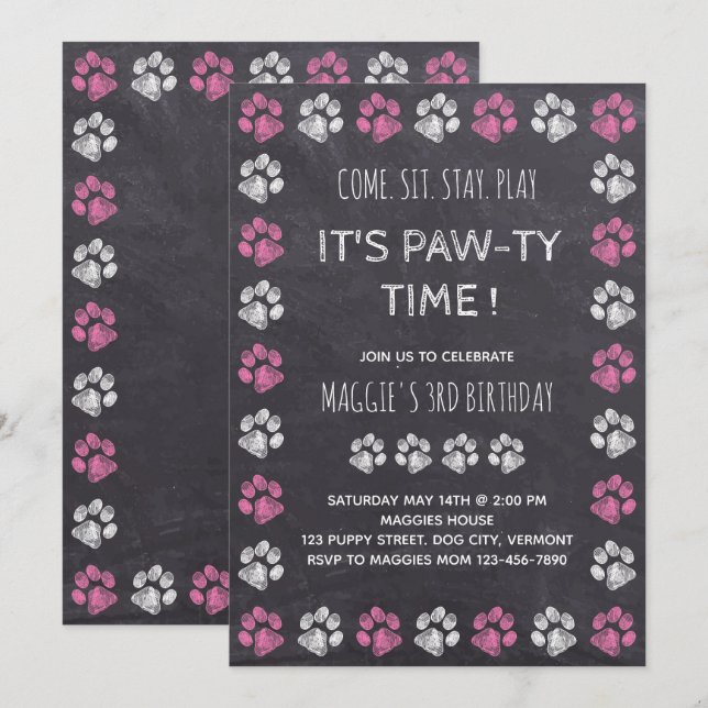 Invitation Chalkboard Puppy Pawty Pink Chien Anniversaire (Devant / Derrière)