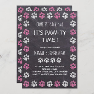 Invitation Chalkboard Puppy Pawty Pink Chien Anniversaire