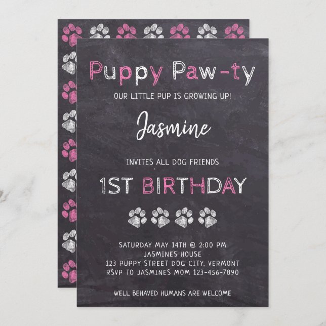 Invitation Chalkboard rose chiot chien pawty Anniversaire (Devant / Derrière)