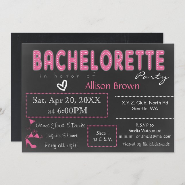 Invitation Chalkboard rose Lingerie Douche Bachelorette (Devant / Derrière)