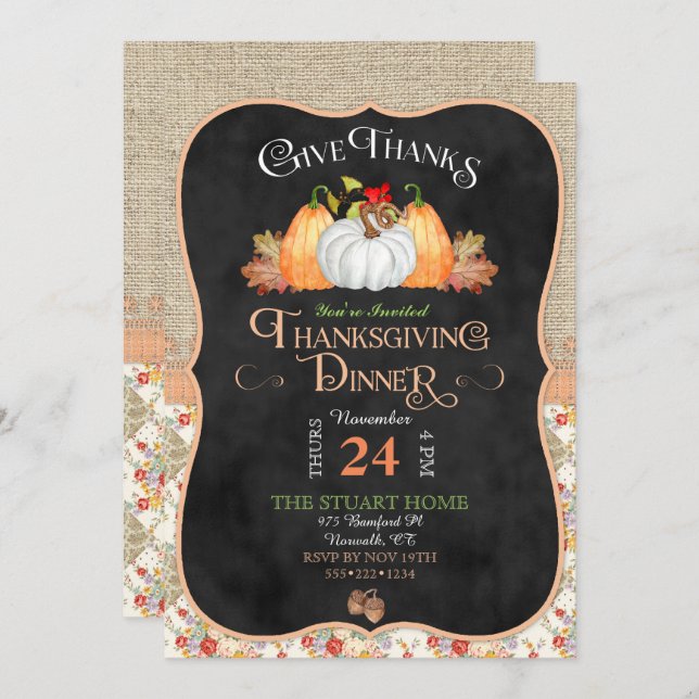 Invitation Chalkboard Russe Pays Thanksgiving Burlap Lace (Devant / Derrière)
