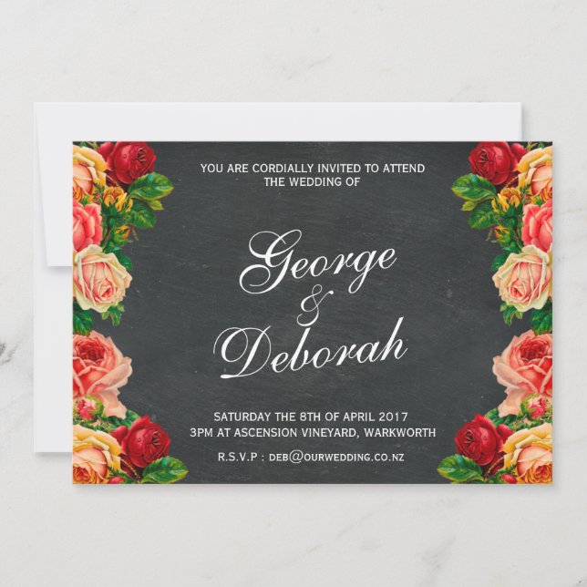 Invitation Chalkboard Rustic Vintage Rose Floral Landscape (Devant)