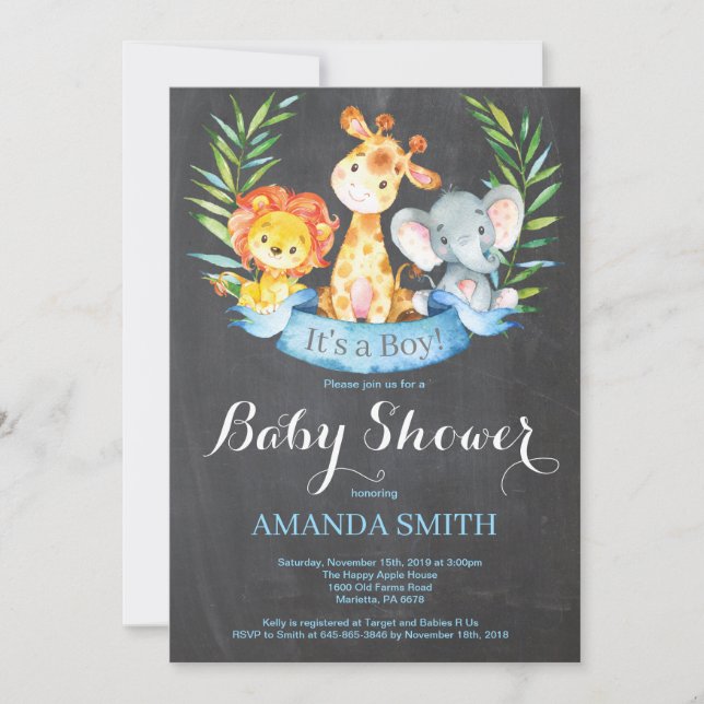 Invitation Chalkboard Safari Jungle Animaux Baby shower Garço (Devant)