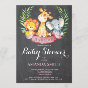 Invitation Chalkboard Safari Jungle Animaux Fille Baby shower