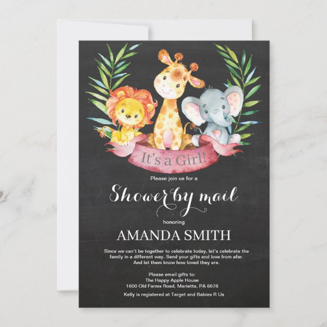 Invitation Chalkboard Safari Jungle Baby shower fille par la  (Devant)