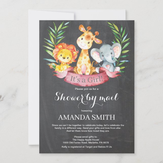 Invitation Chalkboard Safari Jungle Baby shower fille par la  (Devant)