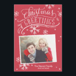 Invitation Chalkboard Salutations Collection<br><div class="desc">Cette carte de vacances photo présente des oeuvres d'art en lettres et calligraphie sur un arrière - plan rouge festif avec des flocons de neige.</div>