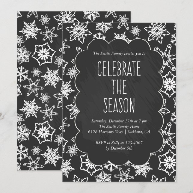 Invitation Chalkboard Snowflakes Fête (Devant / Derrière)