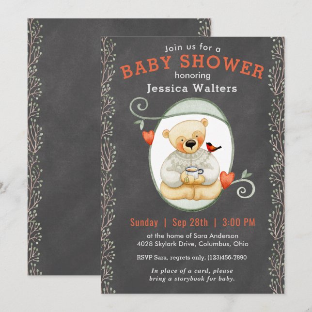 Invitation Chalkboard Story Book Teddy Bear Baby shower (Devant / Derrière)