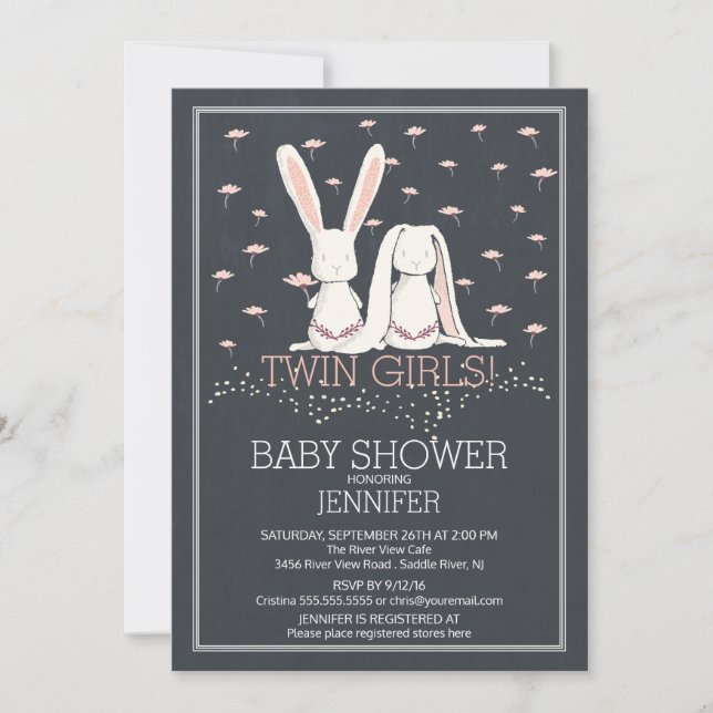 Invitation Chalkboard Sweet TWIN Girls Bunny Baby shower (Devant)