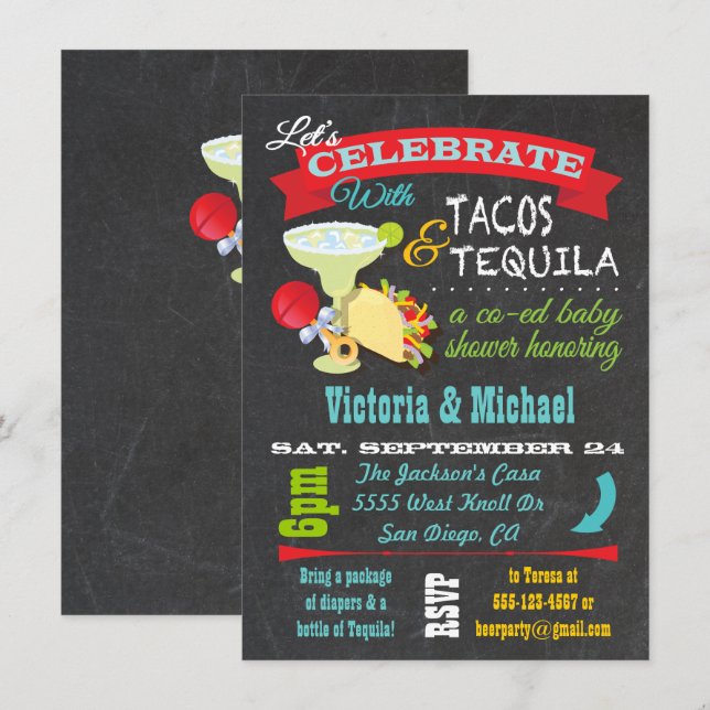 Invitation Chalkboard Tacos et Tequila Co-ed Baby shower (Devant / Derrière)