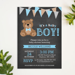 Invitation Chalkboard Teddy Bear Baby shower garçon