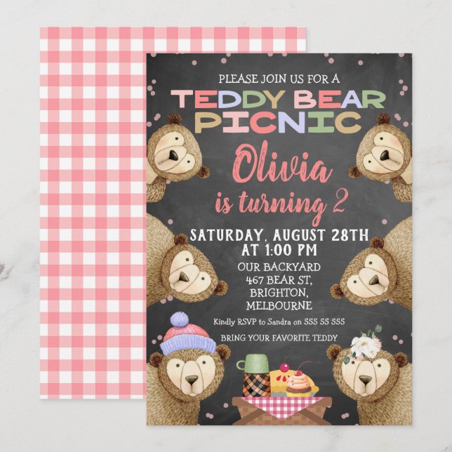 Invitation Chalkboard Teddy Bear Pique-nique Anniversaire Inv (Devant / Derrière)