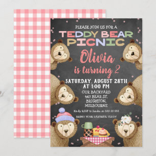 Invitation Chalkboard Teddy Bear Pique-nique Anniversaire Inv