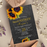 Invitation Chalkboard tournesol chic sweet sixteen rustique<br><div class="desc">Sweet sixteen d'automne fleuri élégant / 16ème anniversaire modèle sur plateau gris foncé avec bouquets de tournesols jaunes dorés. Remplissez vos informations dans les zones, Vous pouvez choisir de le customiser en changeant encore les polices et les couleurs du lettrage. — L'invitation convient pour la fin de l'été | automne...</div>