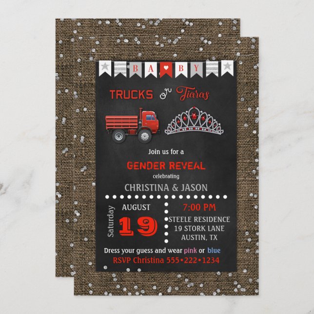 Invitation Chalkboard Trucks ou Tiaras Red Grey Genre Reveill (Devant / Derrière)