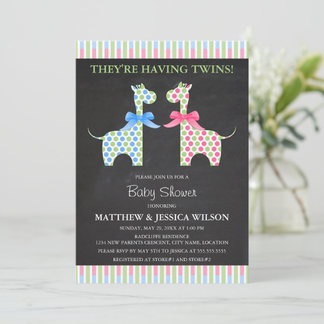 Invitation Chalkboard Twin Boy and Girl Giraffe Baby shower (Debout devant)