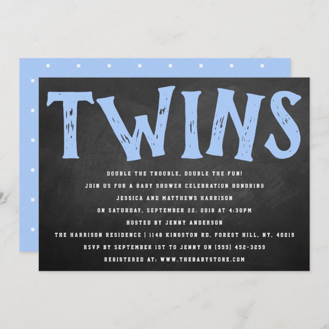Invitation Chalkboard Typographie Twin Boys Baby shower (Devant / Derrière)