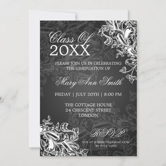 Invitation Chalkboard Vintage Swirls Graduation Party Noir (Devant)