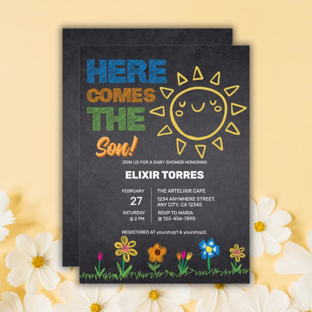 Invitation Chalkboard Voici Le Baby shower Fils (Créateur téléchargé)