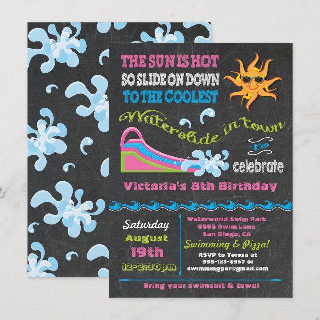 Invitation Chalkboard Water Diapo Pool fête (Devant / Derrière)