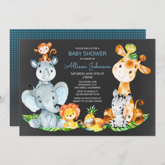 Invitation Chalkboard Watercol Cute Safari Jungle Baby shower (Devant / Derrière)