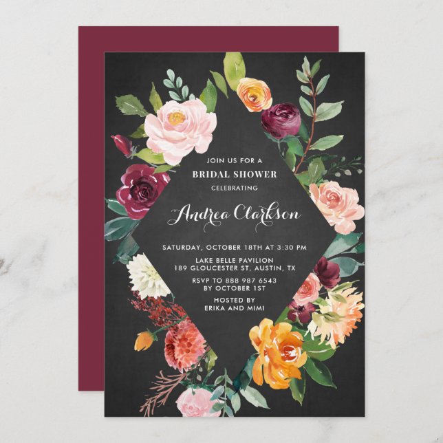 Invitation Chalkboard Watercolor Automne Florals Fête des mar (Devant / Derrière)