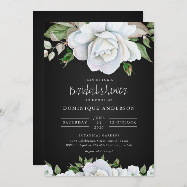 Invitation Chalkboard White roses nuptiale douche (Devant / Derrière)