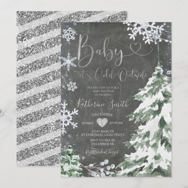 Invitation Chalkboard Winter Froid Baby shower Forêt Argent (Devant / Derrière)