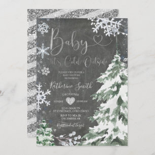 Invitation Chalkboard Winter Froid Baby shower Forêt Argent