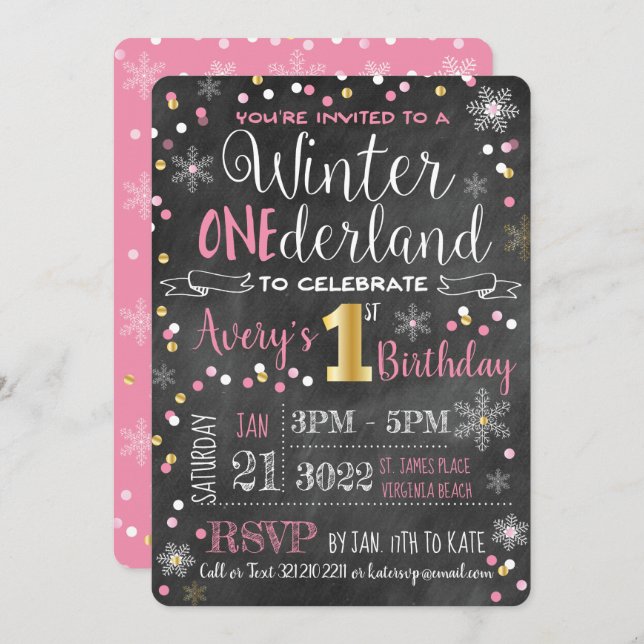 Invitation Chalkboard Winter ONE derland Premier anniversaire (Devant / Derrière)