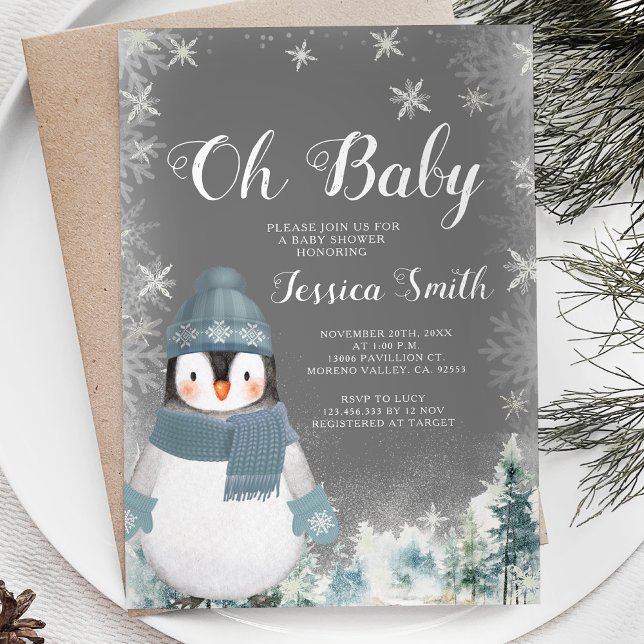 Invitation Chalkboard Winter Penguin Oh Baby shower Forest (Créateur téléchargé)