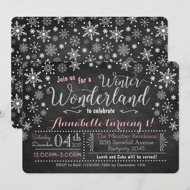 Invitation Chalkboard Winter Wonderland Anniversaire Invitati (Devant / Derrière)