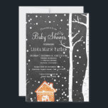 Invitation Chalkboard Wisland baby shower d'hiver rustique<br><div class="desc">Baby shower rustique style champêtre hiver chic élégante invitation modèle avec une maison en pain d'épices, chute de neige et bouleau paysage merveilleux sur le gris foncé panneau de charbon arrière - plan. Remplissez vos informations dans les zones, Vous pouvez choisir de le customiser en changeant encore les polices et...</div>